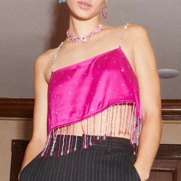 Urban Outfitters Milina Fuchsia Satin Fringe Beaded Crop Top Rhinestone Straps - Picture 2 of 14